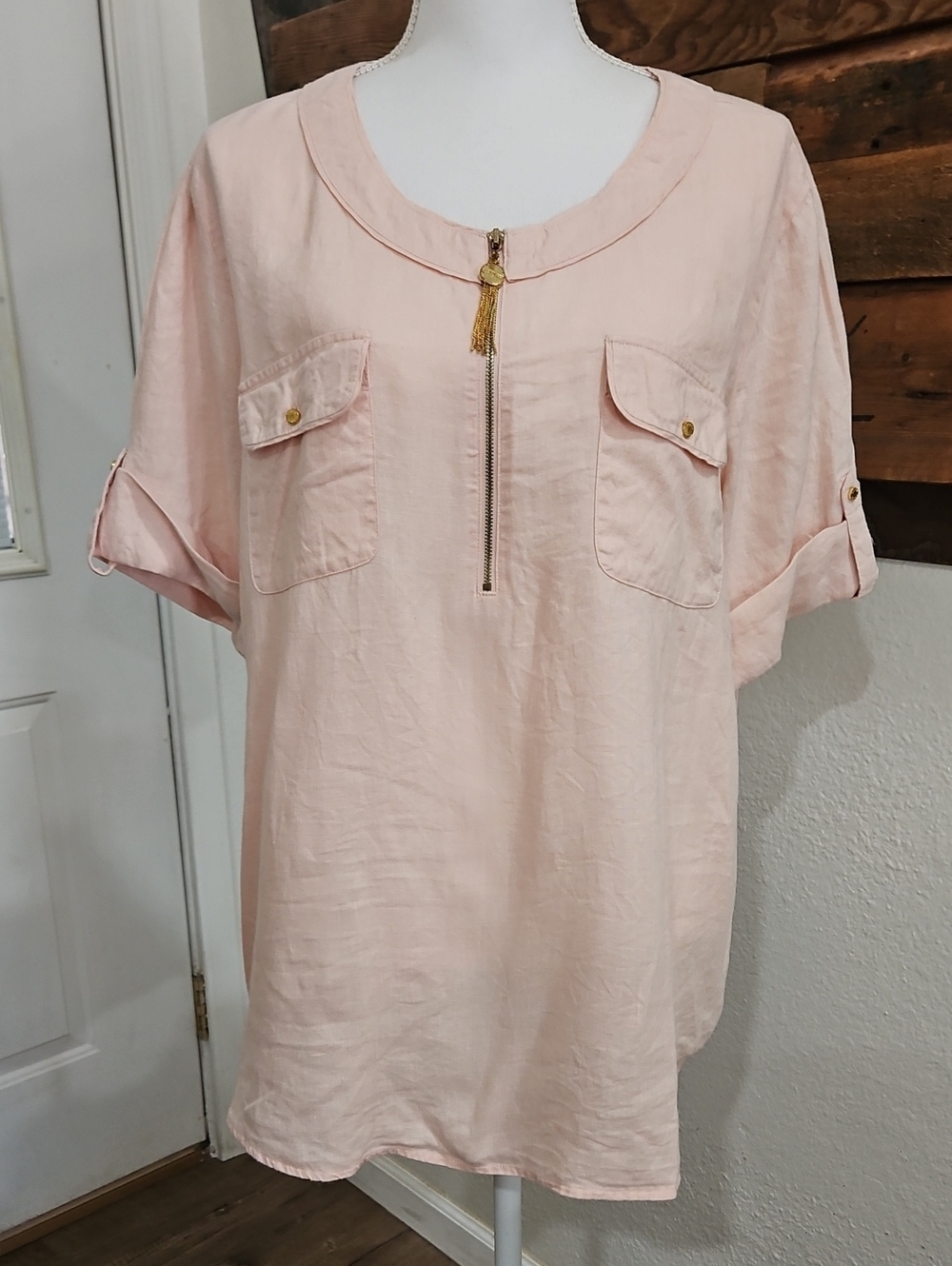 Ellen Tracy Pale Pink Tassel Zip Pocket Tunic 100% Linen. Bin 15
